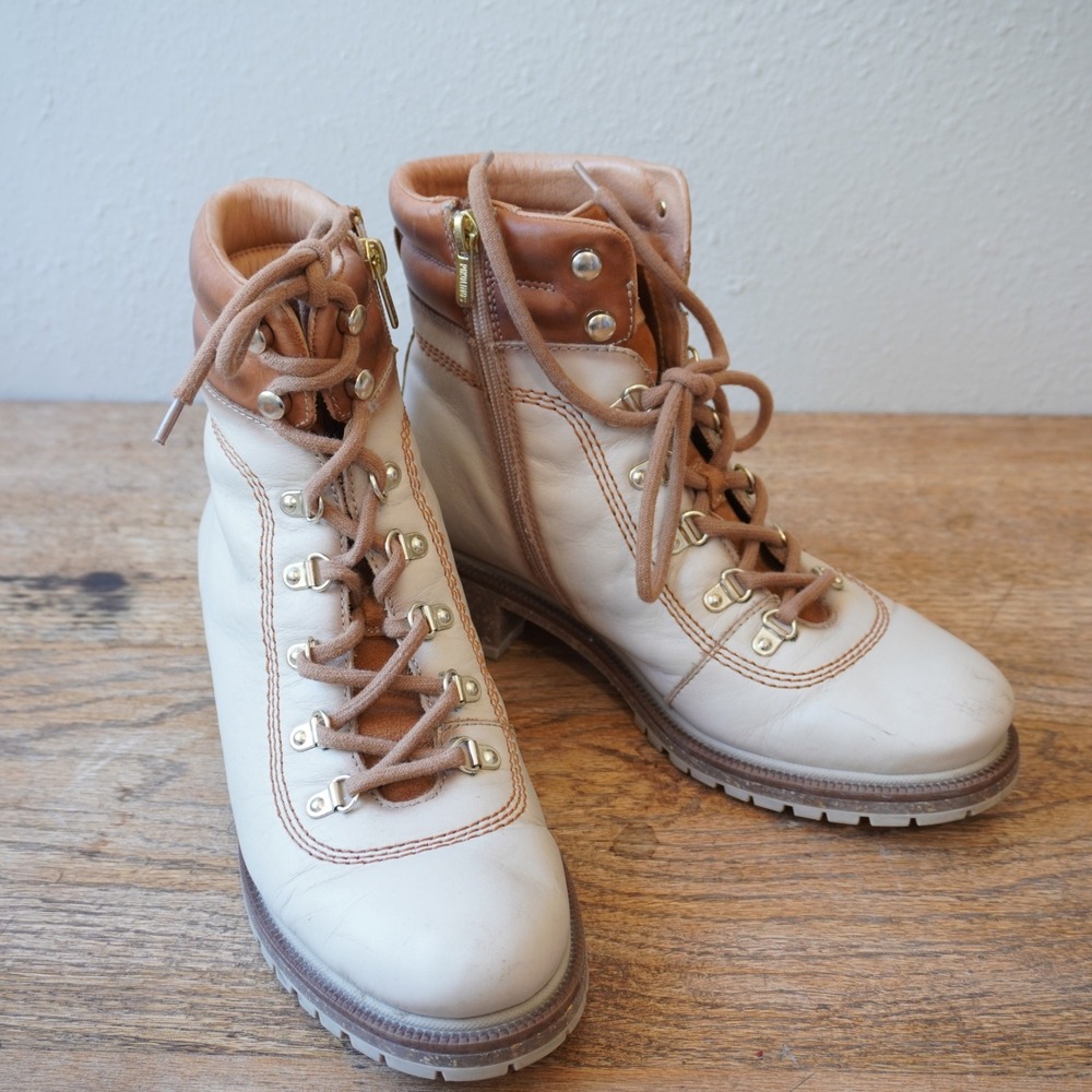 Pikolinos Women's Size 39 Cream Leather Hiking Ankle Boots Tan Side Zip Chunky
